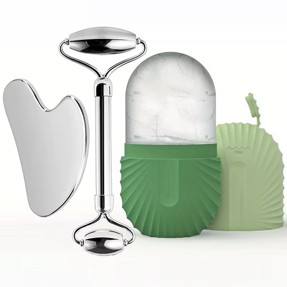 Ice Face Roller Facial Skincare Ice Roller Set, Stainless Steel Facial Roller Gua Sha Face Tool Face Massage Roller Mold Cube